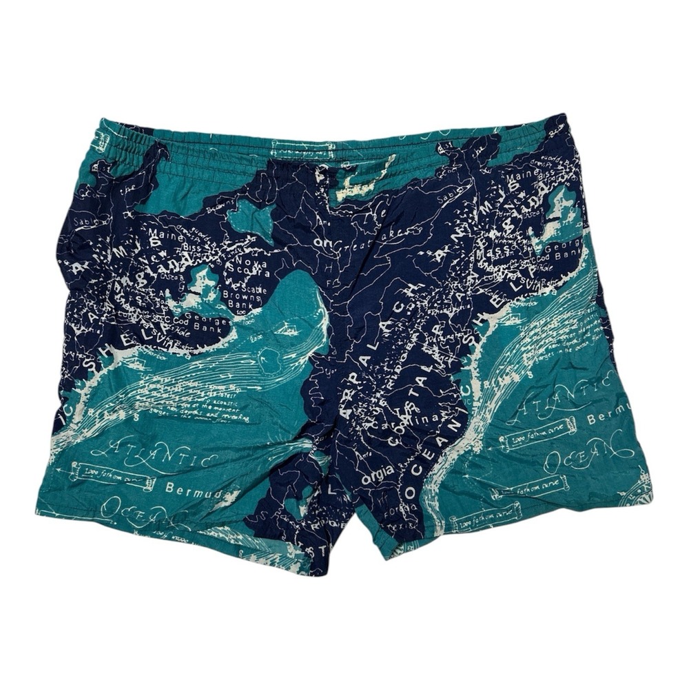 Vintage Esprit by‎ Campus Mens Swim Trunks Large Teal Navy Nautical Map Print L